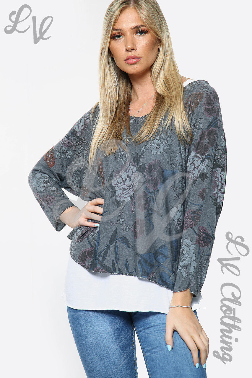 Ladies Two Layered Floral Print Top Charcoal Unit Price £10.99
