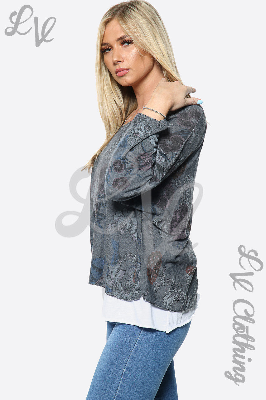 Ladies Two Layered Floral Print Top Charcoal Unit Price £10.99