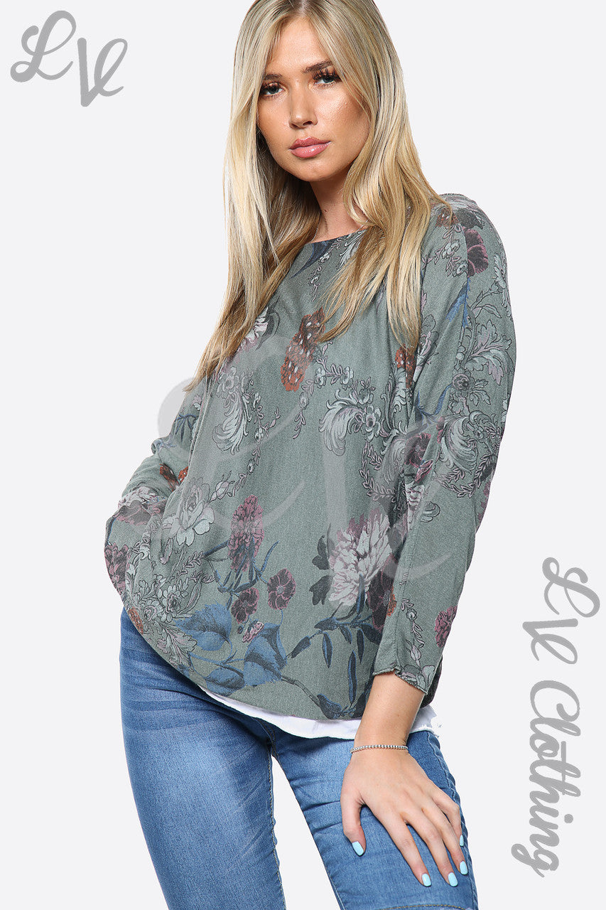 Ladies Two Layered Floral Print Top Khaki Unit Price £10.99