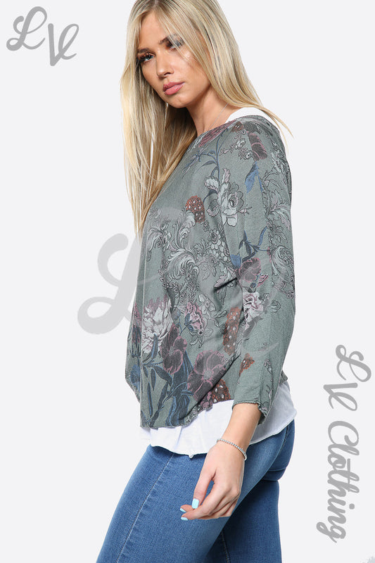 Two-layer floral print top with crew neck and long sleeves, green-gray with pink accents