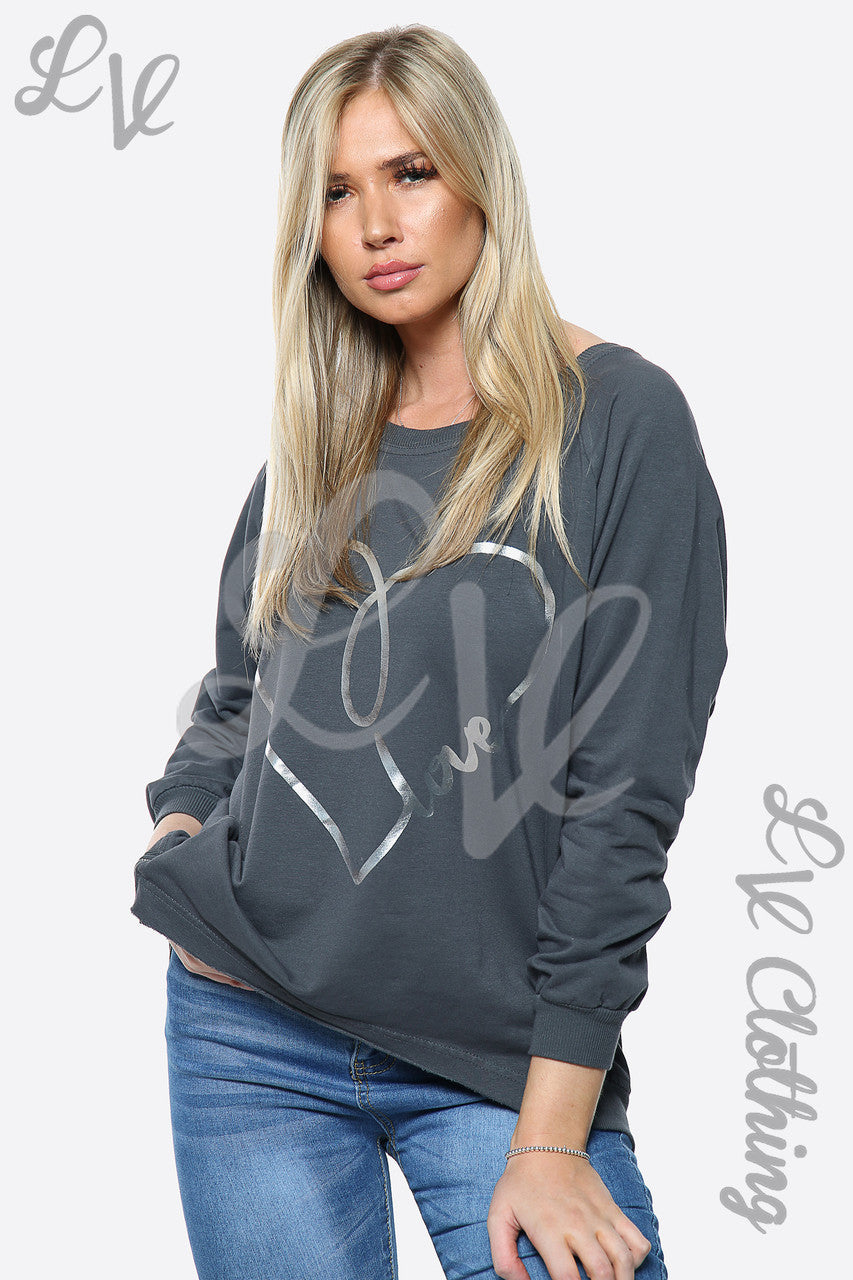 Dames Love Heart Print Top Sweatshirt Houtskool Stukprijs £14.99
