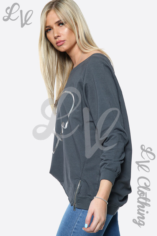 Charcoal heart-print sweatshirt, crew neck, long sleeves, relaxed side view