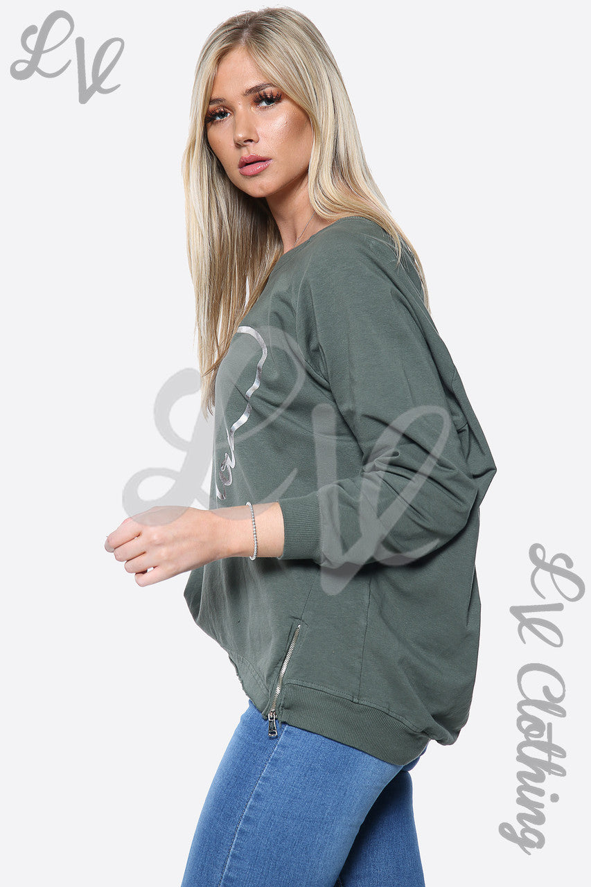 Dames sweater met hartprint kaki stukprijs £14,99