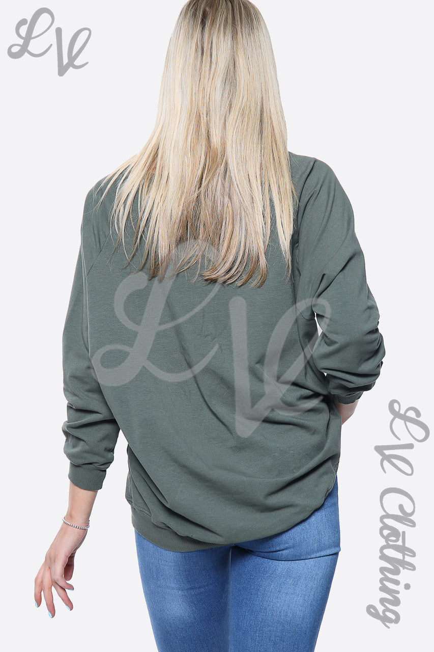 Dames sweater met hartprint kaki stukprijs £14,99