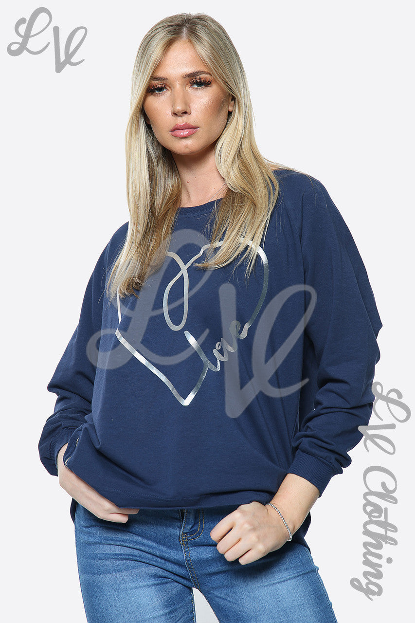 Dames top met hartjesprint sweatshirt marineblauw eenheidsprijs € 14,99
