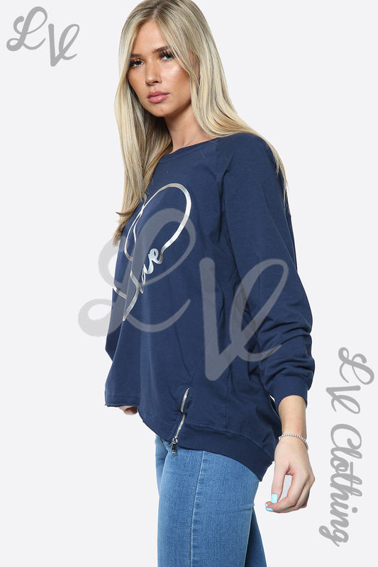 Navy sweatshirt with heart Love print, long sleeves, side view, loose fit
