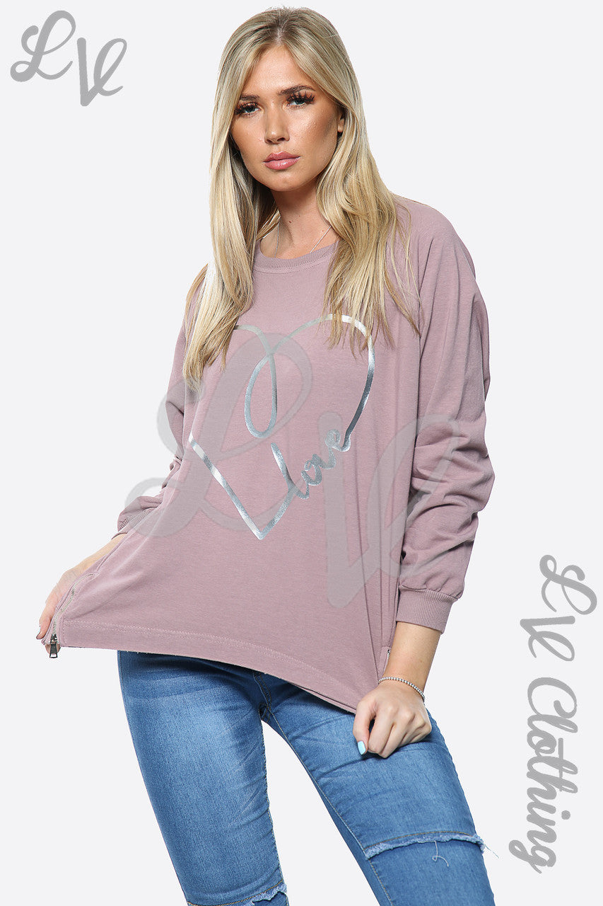Ladies Love Heart Print Top Sweatshirt Dusty Pink Unit Price £14.99
