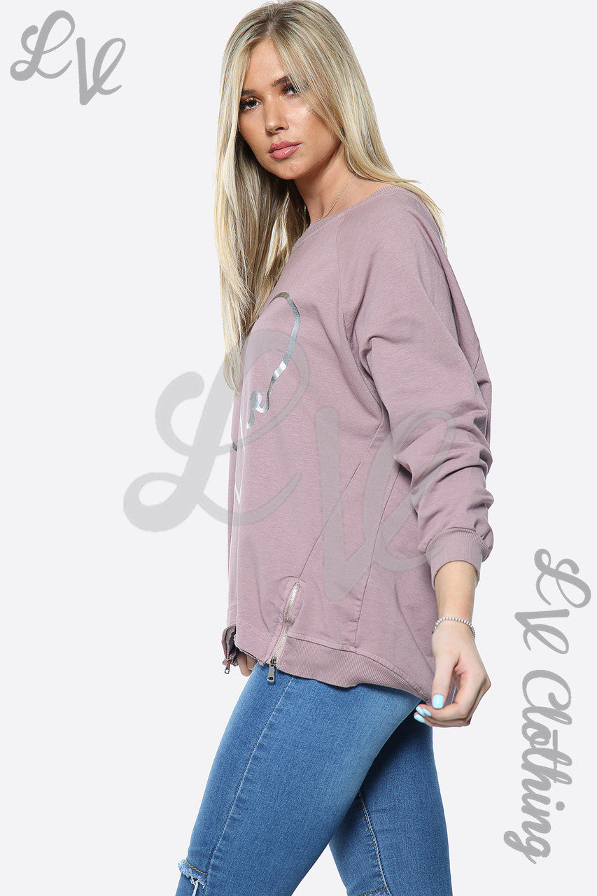 Ladies Love Heart Print Top Sweatshirt Dusty Pink Unit Price £14.99