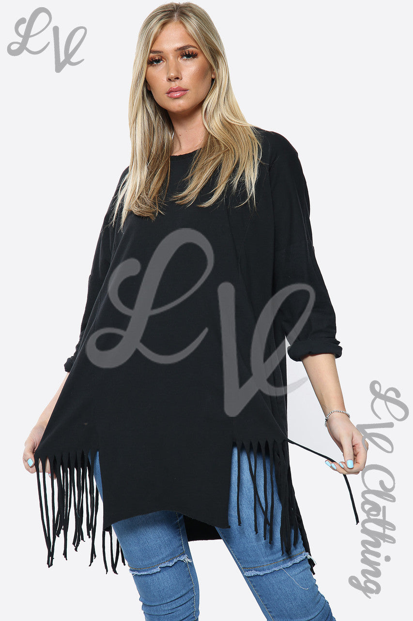 Dames Effen Top Met Kwastjes Zoom Oversized Zwart Stukprijs € 13,99