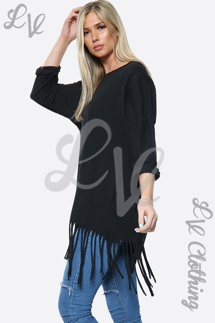 Dames Effen Top Met Kwastjes Zoom Oversized Zwart Stukprijs € 13,99