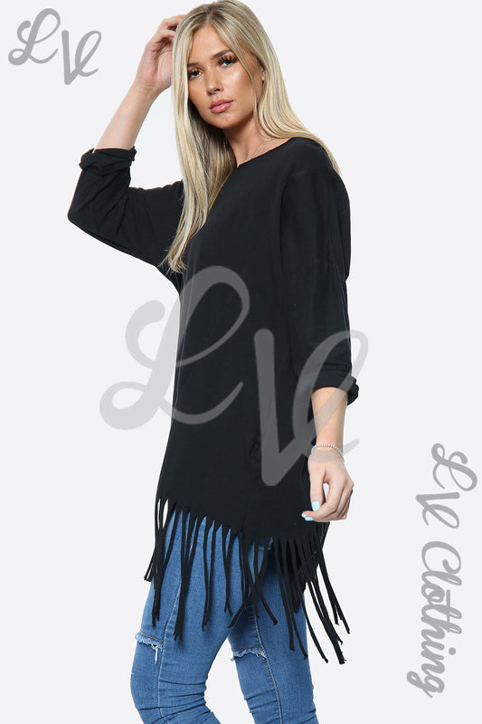 Black oversize tassel-hem top with long sleeves, relaxed fit.