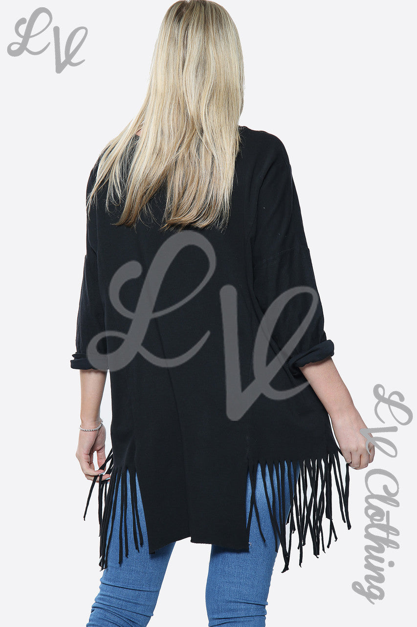Dames Effen Top Met Kwastjes Zoom Oversized Zwart Stukprijs € 13,99