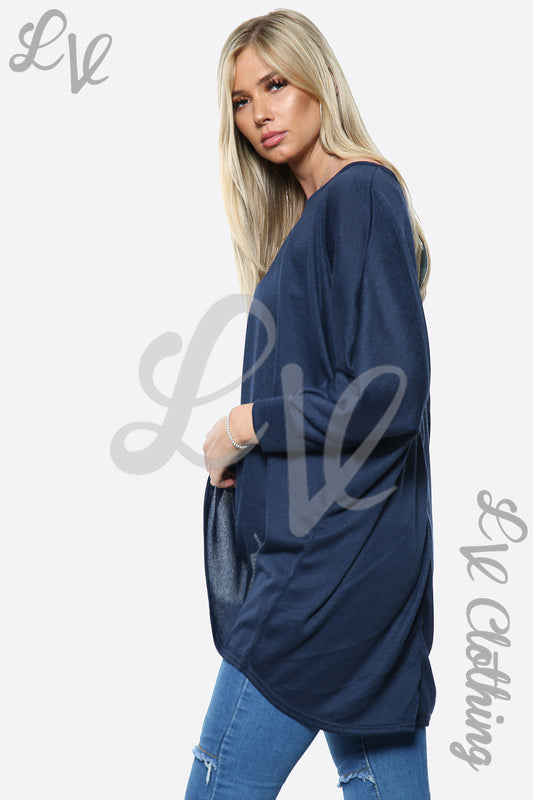Navy oversize knit jumper with long sleeves, crew neckline, side view