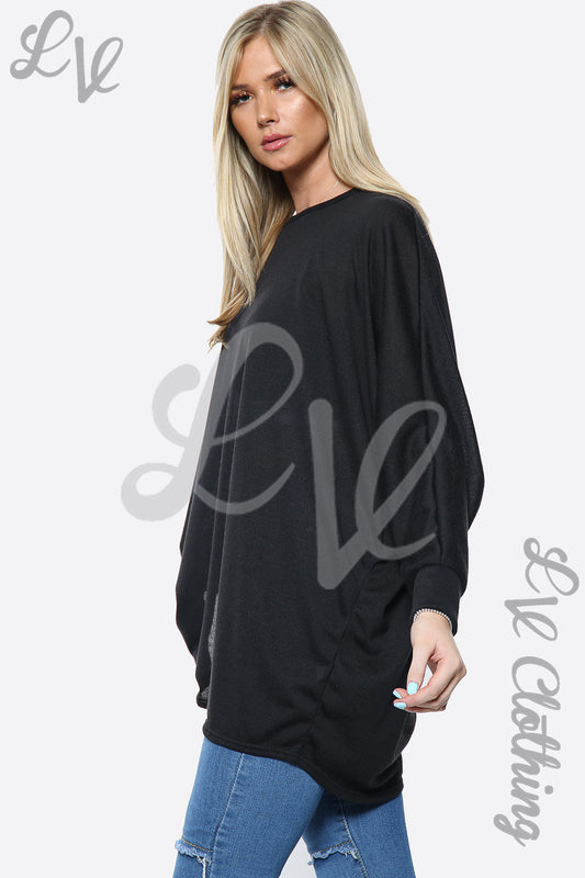 Women’s black fine knit oversize jumper top with long batwing sleeves, crew neck