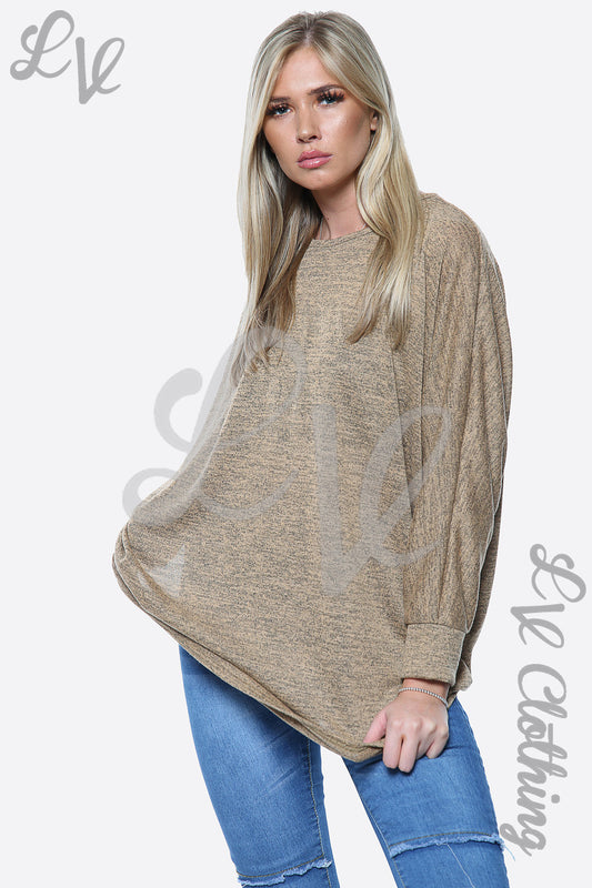 Tan fine knit oversize jumper with long sleeves, crew neck