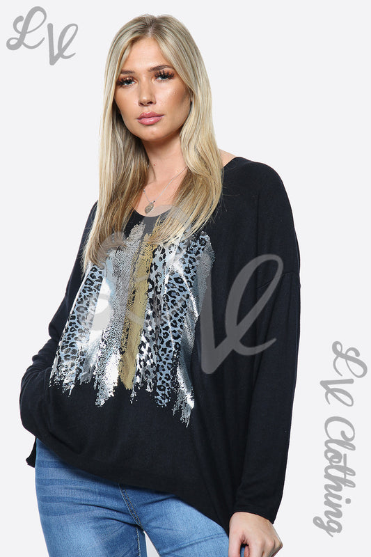 Black ladies jumper with leopard foil paint print on front
