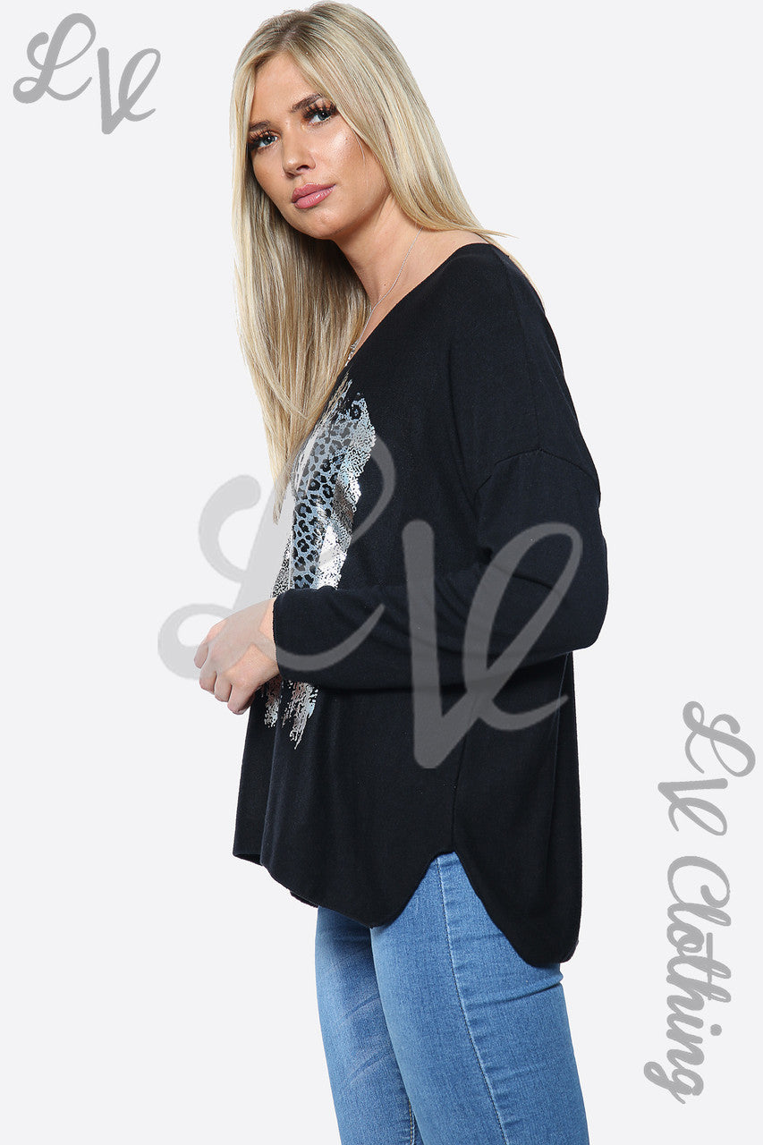Dames Jumper met Luipaardprint en Folieverf Zwart Stukprijs €10,99