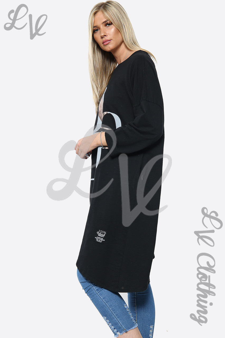 Ladies "BE SPECIAL" Slogan Longline Dress Top Black Unit Price £13.99
