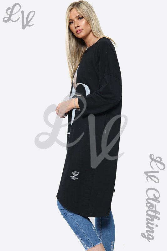 Black longline slogan dress/top with large star graphic and BE SPECIAL text