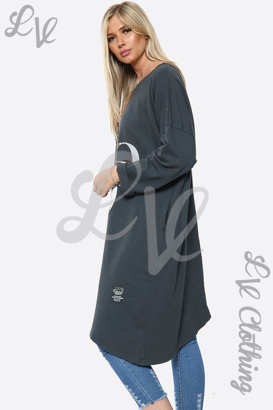 Charcoal longline slogan dress top with 3/4 sleeves, relaxed fit, small chest print.