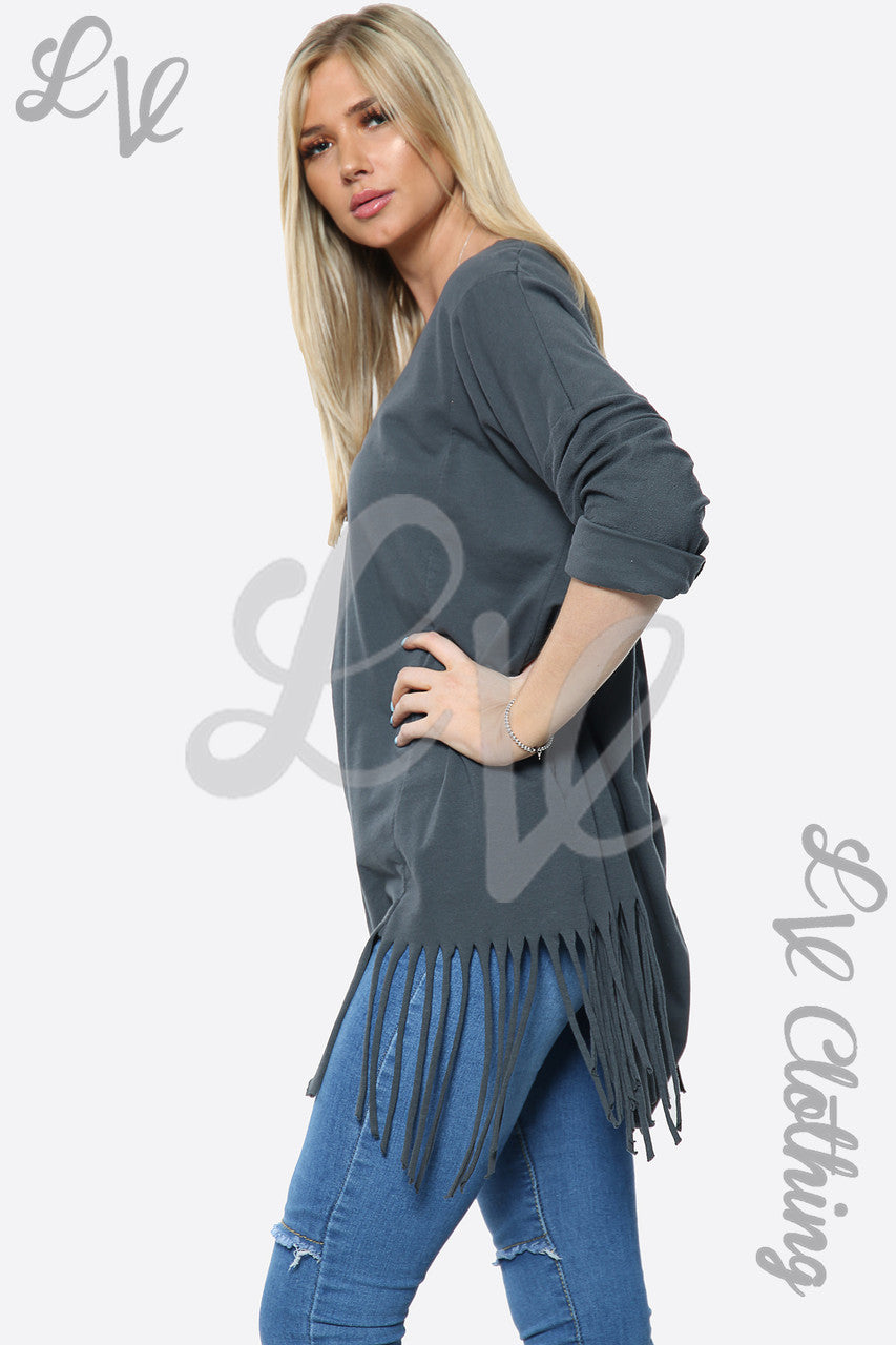 Ladies Plain Tassel Hem Oversize Top Charcoal Unit Price £13.99