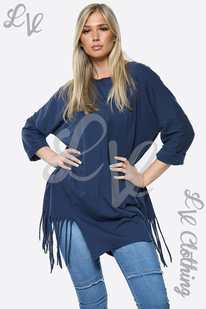 Dames effen oversized top met kwastjes in de zoom, marineblauw. Stukprijs £ 13,99