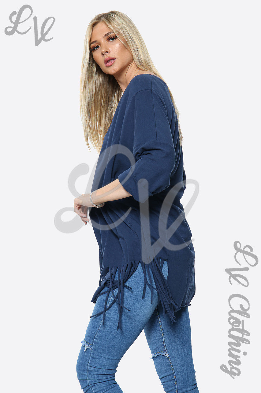 Dames effen oversized top met kwastjes in de zoom, marineblauw. Stukprijs £ 13,99