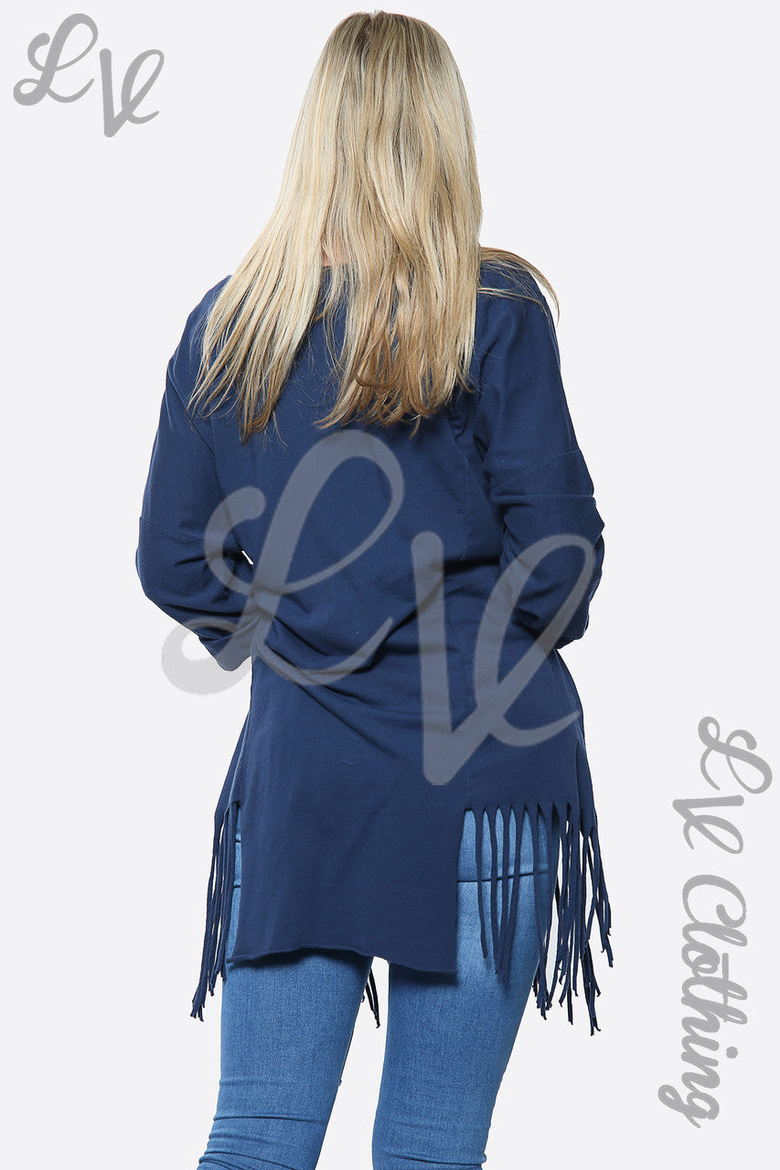 Dames effen oversized top met kwastjes in de zoom, marineblauw. Stukprijs £ 13,99