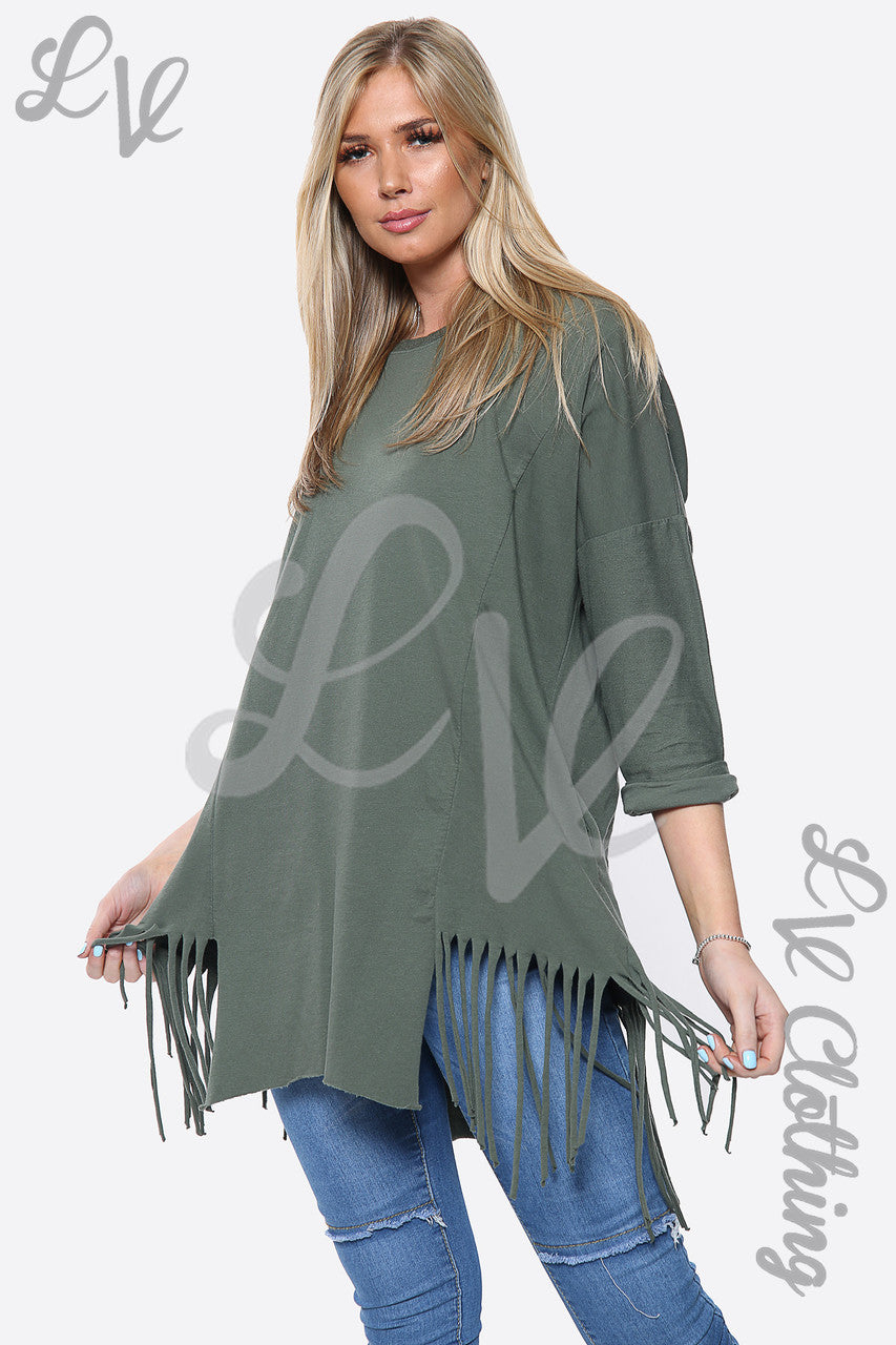 Ladies Plain Tassel Hem Oversize Top Khaki Unit Price £13.99
