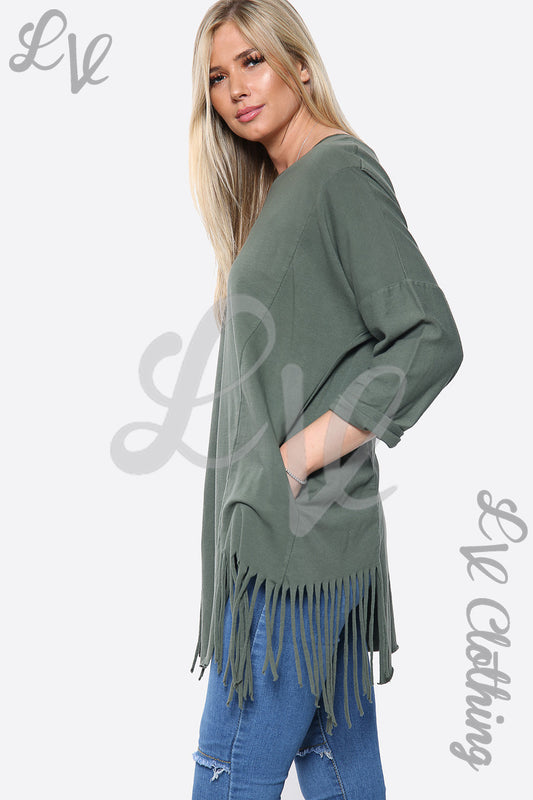 Ladies Plain Tassel Hem Oversize Top Khaki Unit Price £13.99