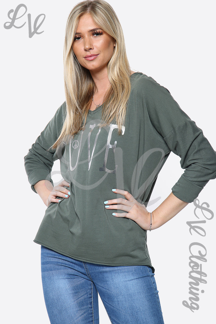 Dames zilverfolie 'Love' slogan trui kaki Stukprijs €13,99