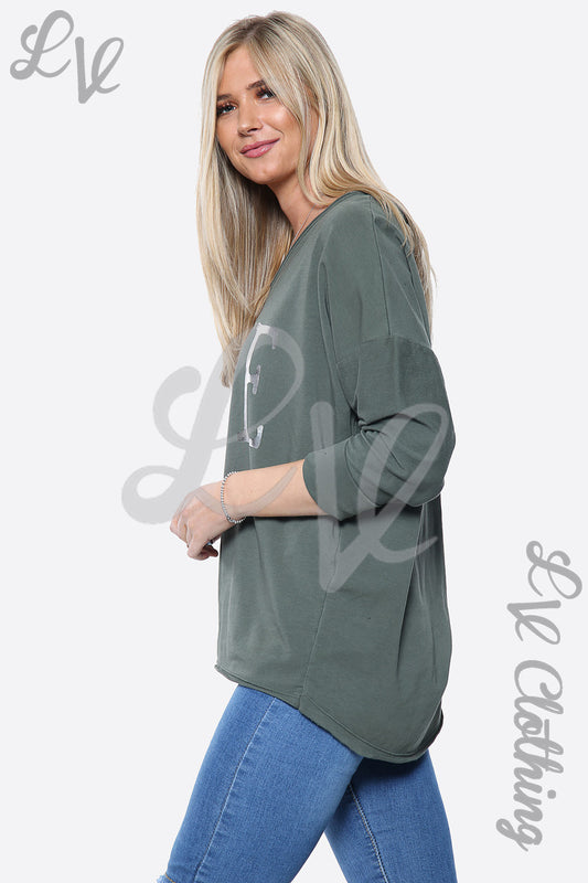 Ladies dark green slogan jumper top with silver foil love print, long sleeves, crew neck