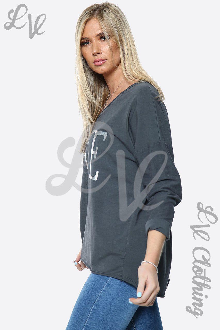 Dames Zilverfolie 'Love' Slogan Trui Top Antraciet Stukprijs £13.99