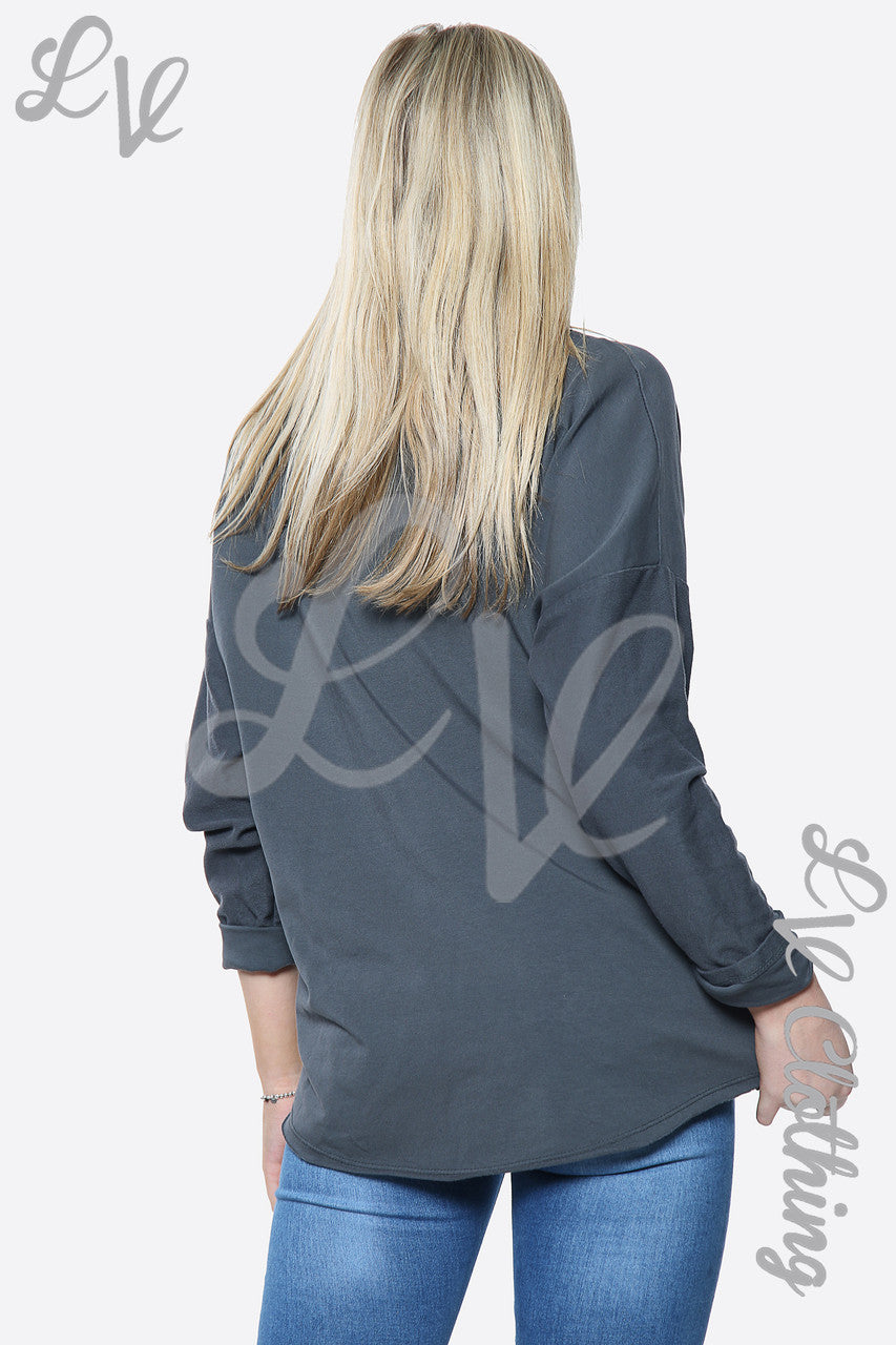 Dames Zilverfolie 'Love' Slogan Trui Top Antraciet Stukprijs £13.99