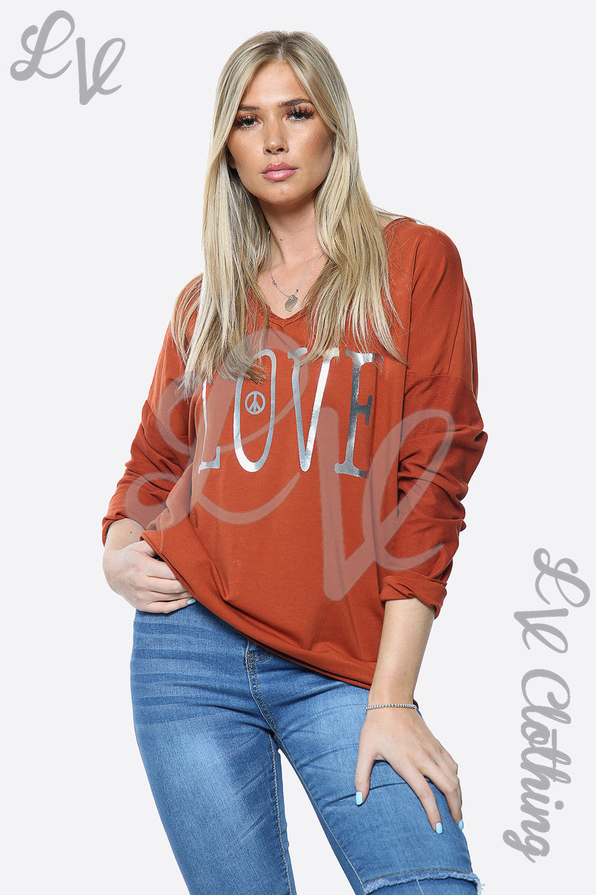 Dames zilverfolie trui met liefdesleus roest eenheidsprijs €13,99