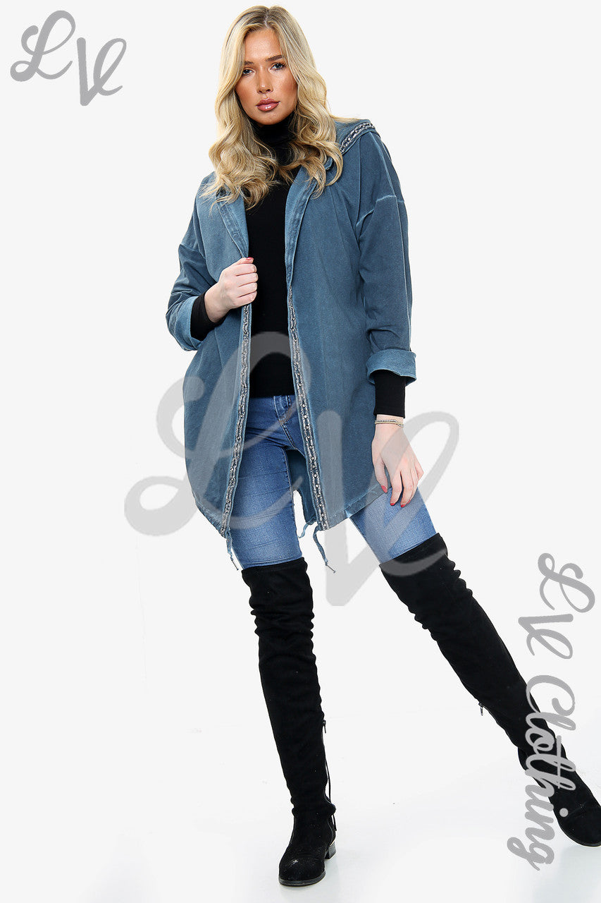 Dames Hoodiejack met bloemenfoliedetail op de rug en denimstof - Eenheidsprijs €18,99