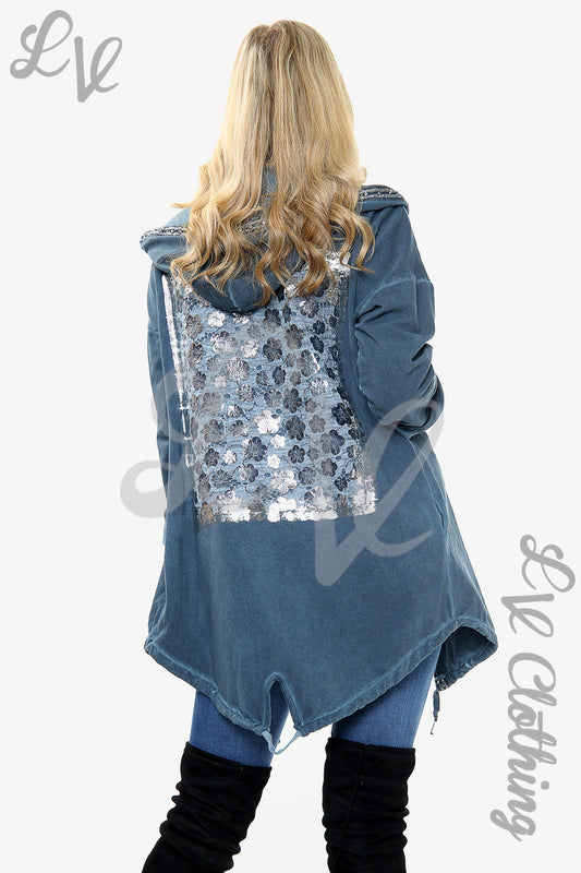 Denim hooded jacket with floral foil detail on back, dark blue
