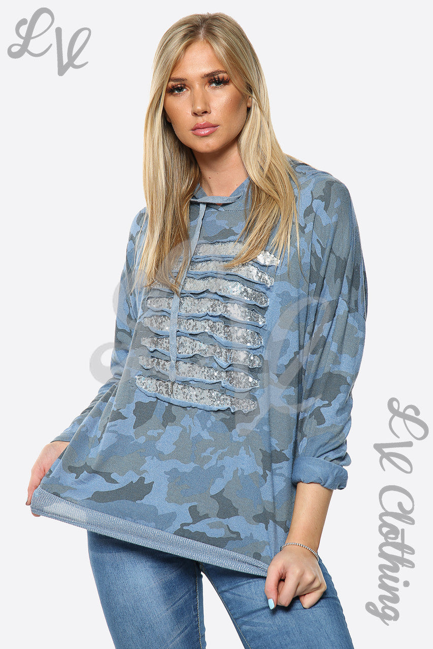 Ladies Camouflage Print Sequin Laser Cut Hooded Top Denim Unit Price £14.99