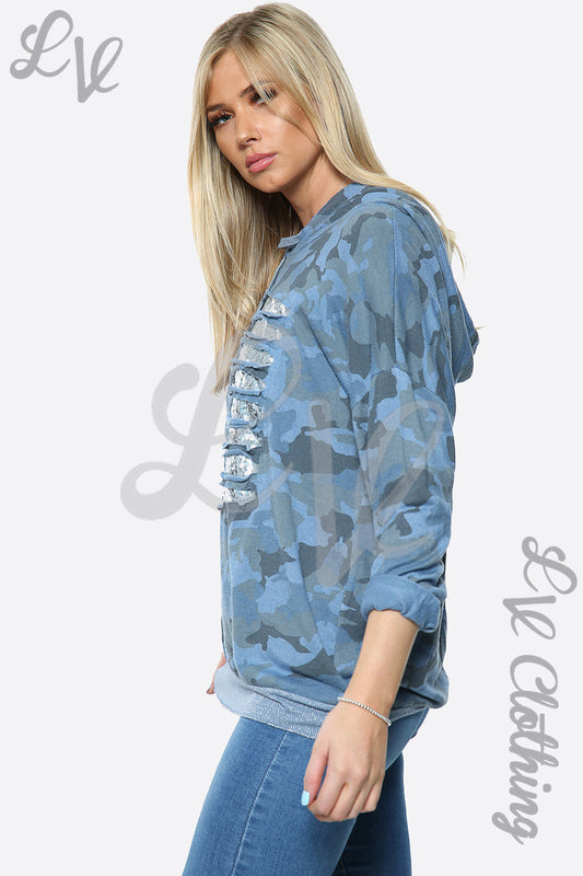 Women’s camo print hooded top in light blue with sequin laser-cut trim, long sleeves