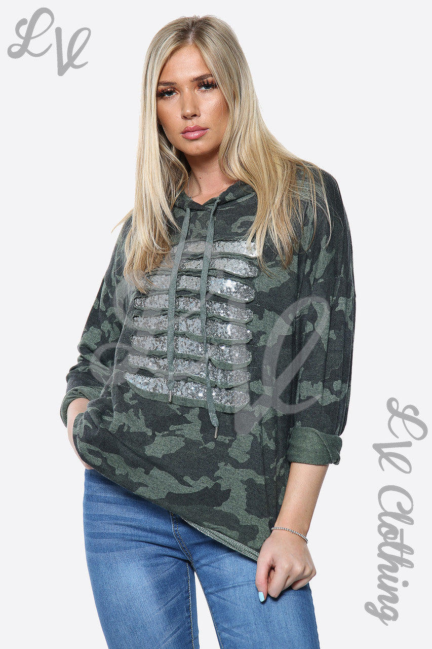 Ladies Camouflage Print Sequin Laser Cut Hooded Top Khaki Unit Price £14.99