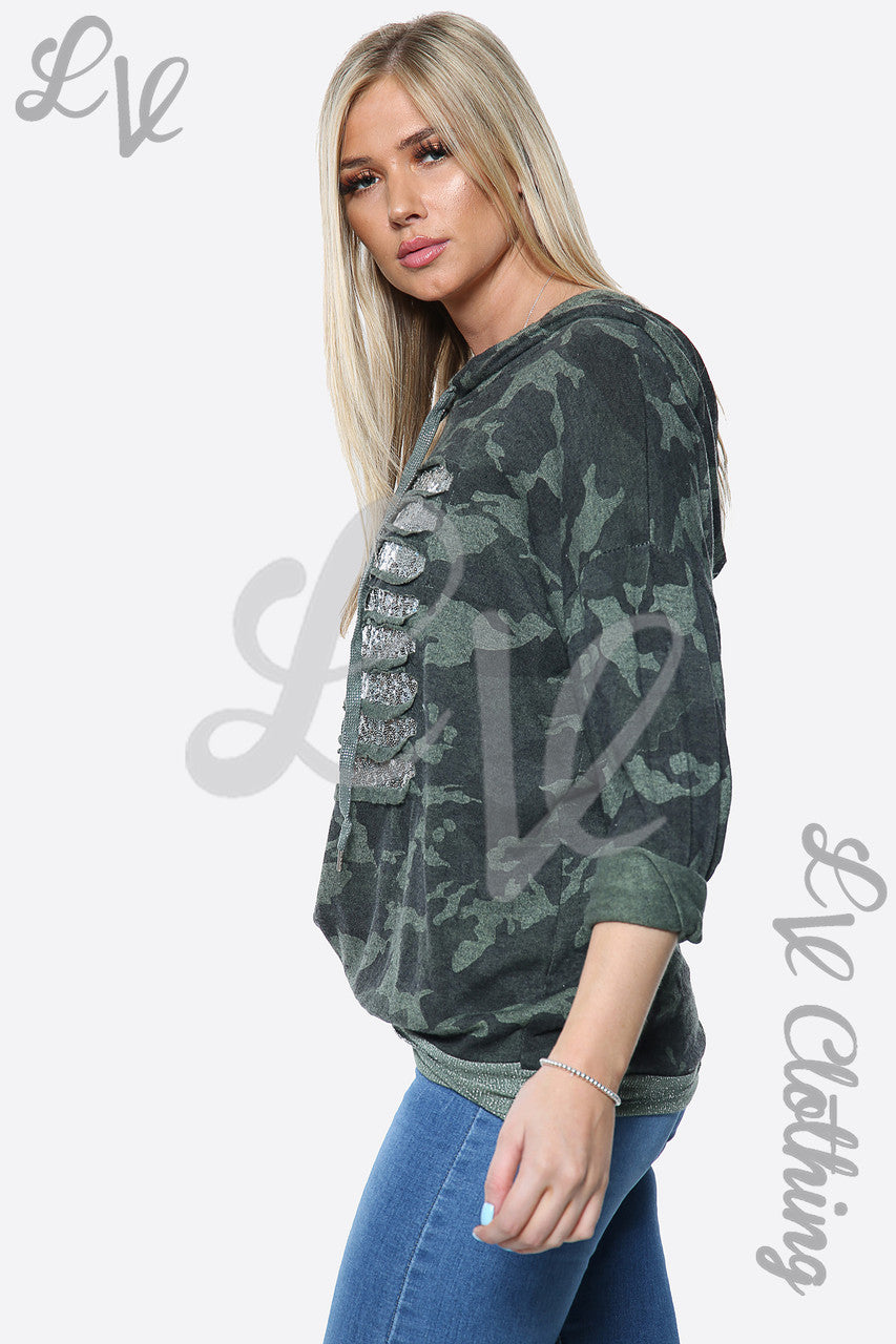 Ladies Camouflage Print Sequin Laser Cut Hooded Top Khaki Unit Price £14.99