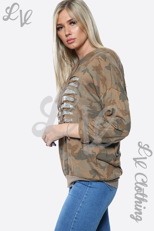 Camouflage sequin hooded top in tan-brown, with laser-cut detail on sleeves and chest