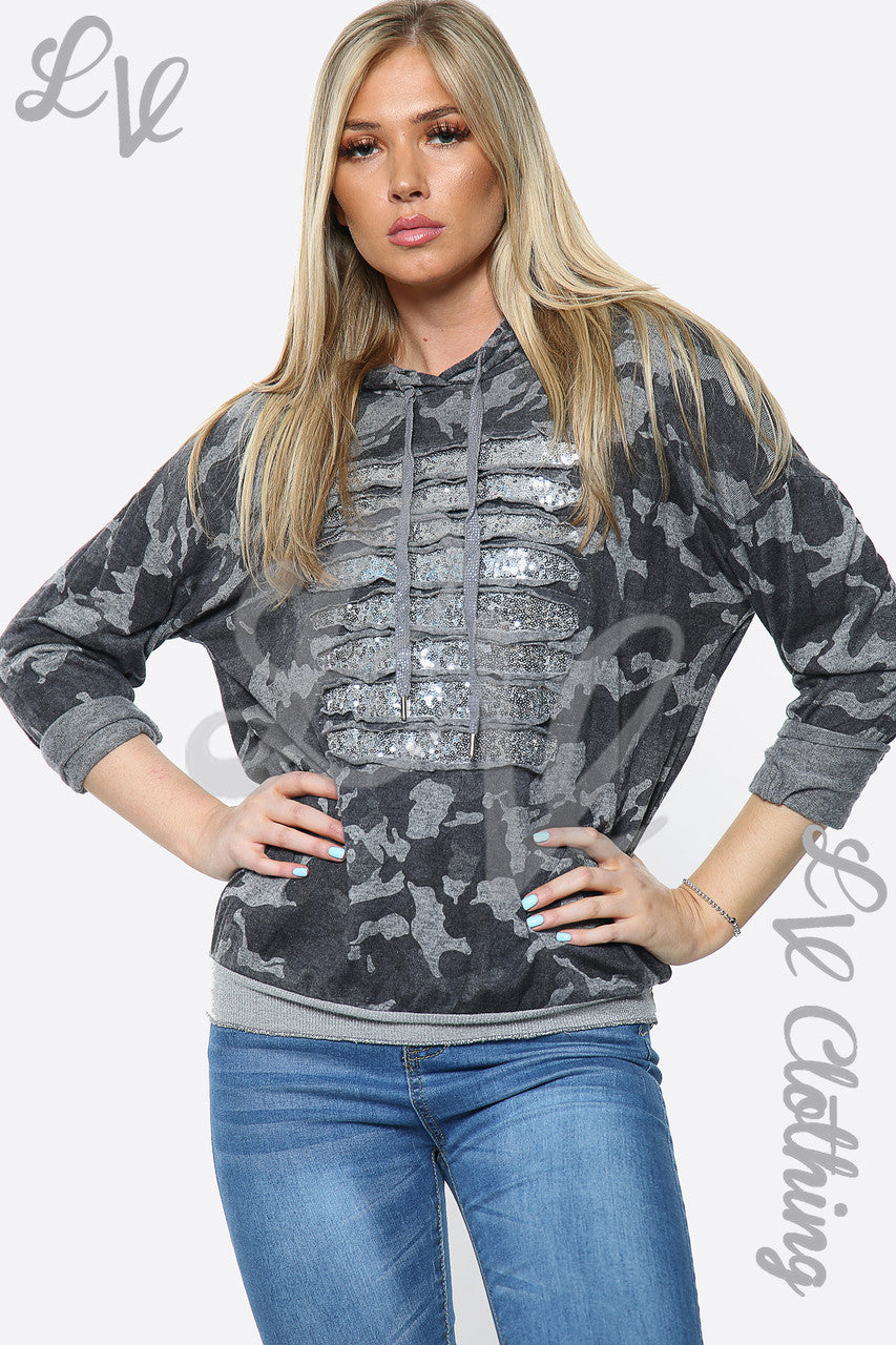 Ladies Camouflage Print Sequin Laser Cut Hooded Top Charcoal Unit Price £14.99