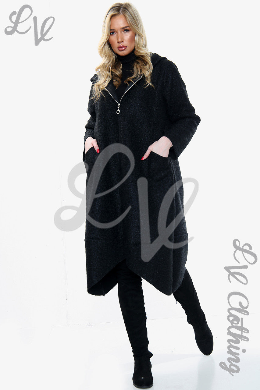 Ladies Teddy Bear Wool Blend Hooded Long Jacket Coat Black - Unit Price £20.99