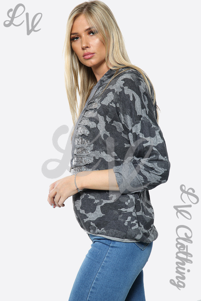 Ladies Camouflage Print Sequin Laser Cut Hooded Top Charcoal Unit Price £14.99