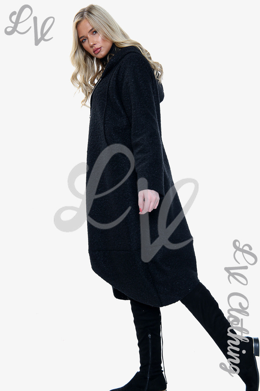 Ladies Teddy Bear Wool Blend Hooded Long Jacket Coat Black - Unit Price £20.99