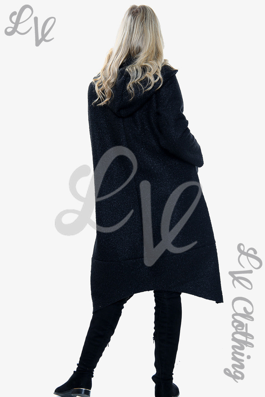 Ladies Teddy Bear Wool Blend Hooded Long Jacket Coat Black - Unit Price £20.99
