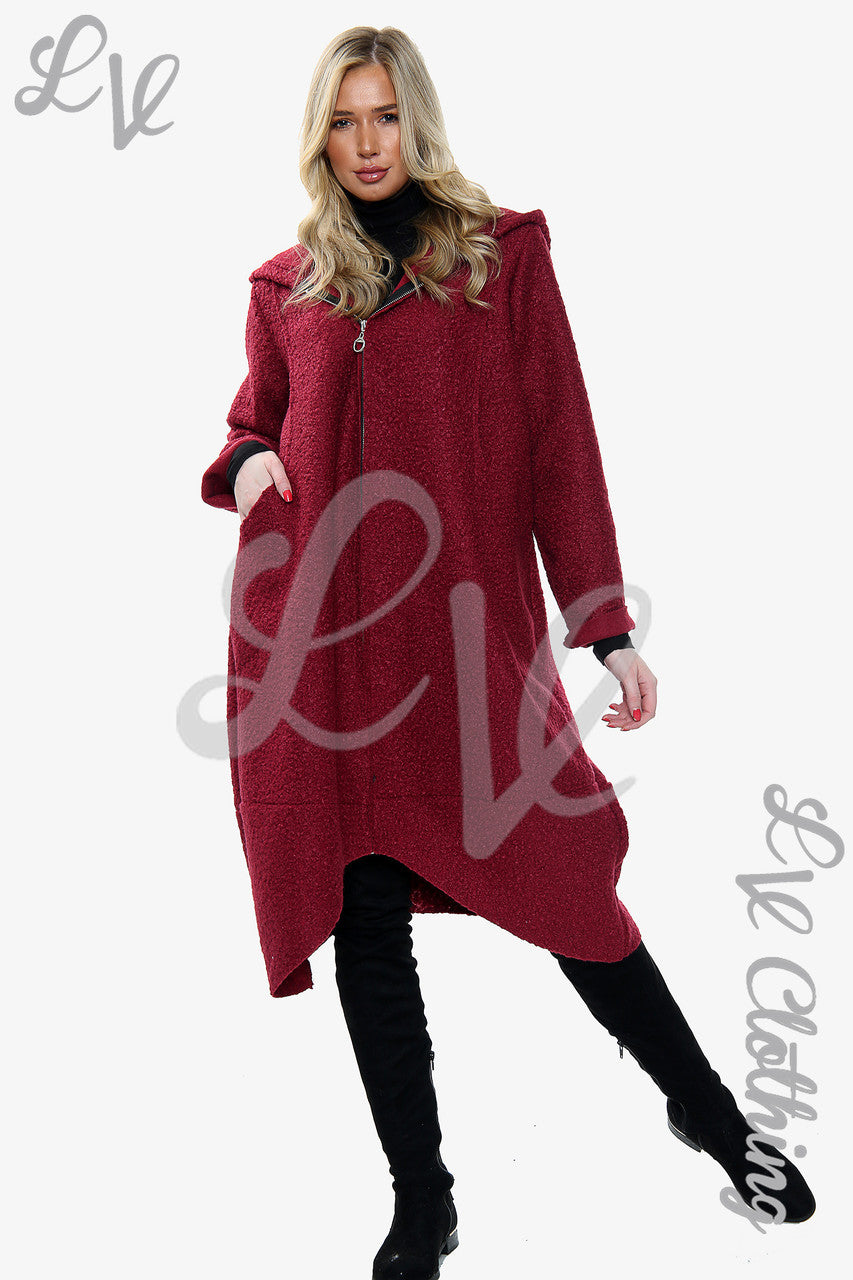 Dames Teddybeer Wollen Mix Hooded Lange Jas Bourgondië - Stukprijs €20,99
