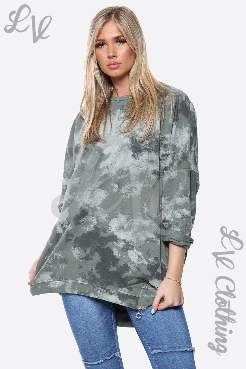 Dames Tie-Dye Verfprint Top Sweatshirt Khaki Prijs per stuk €14.99