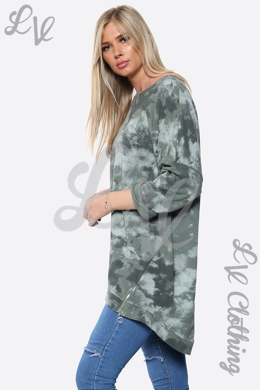 Dames Tie-Dye Verfprint Top Sweatshirt Khaki Prijs per stuk €14.99